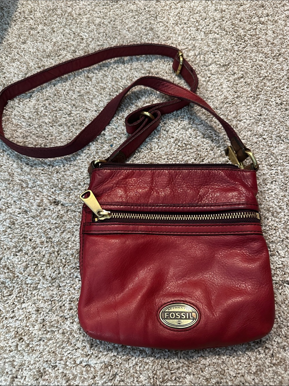 Fossil Red Leather Crossbody with Gold Accents